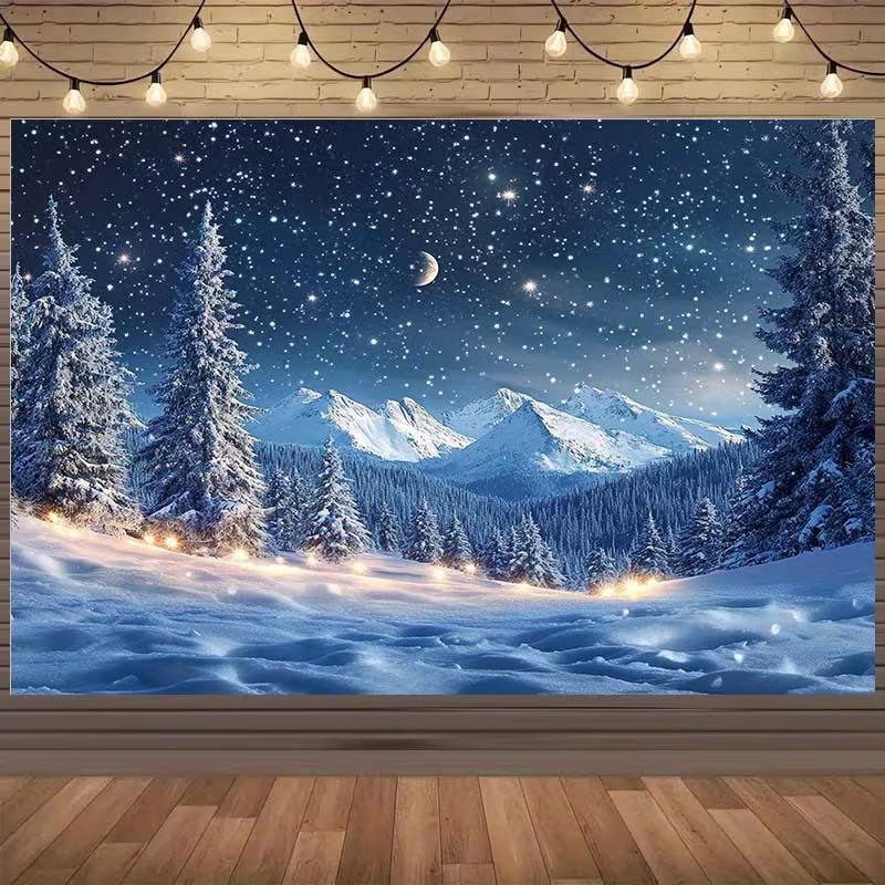 2D Winter Snow Forest Backdrop Starry Night Mountain Christmas Photography Background