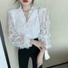 Милая кружевная блузка с v-образным вырезом, корейская модная элегантная блузка с длинными рукавами, тонкая винтажная рубашка, женские топы 16921