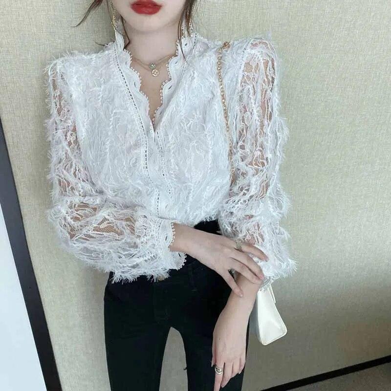 Милая кружевная блузка с v-образным вырезом, корейская модная элегантная блузка с длинными рукавами, тонкая винтажная рубашка, женские топы 16921