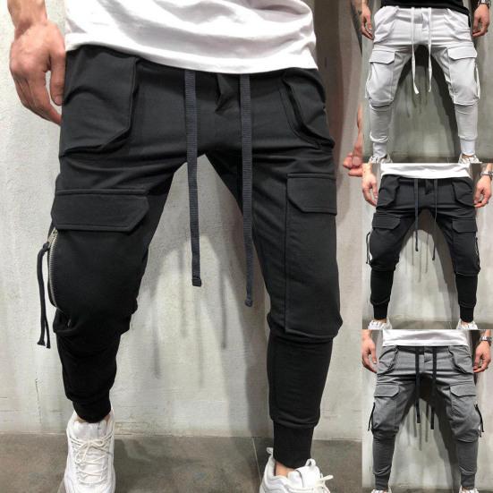 Мужские брюки-карго с эластичным поясом, множеством карманов, ребристыми манжетами, однотонные, на шнурке, рабочая одежда