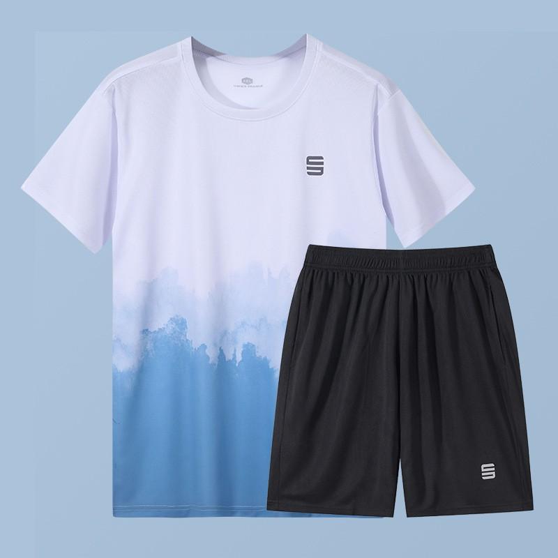 Mens Quick-Dry Ice Silk Sport Set Short Sleeve T-Shirt Shorts Running Gym Badminton