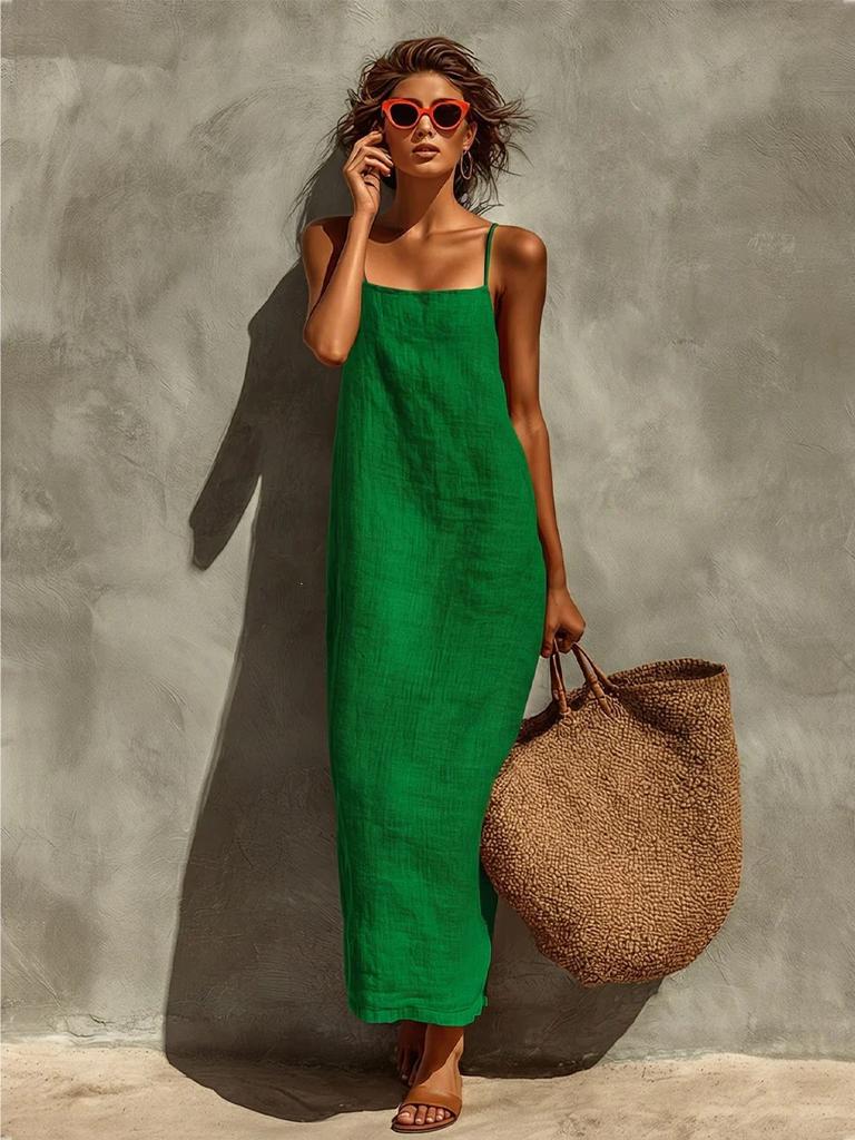 Европейское и американское летнее новое однотонное сексуальное ретро ленивый стиль хлопково-льняное платье-комбинезон длинное женское