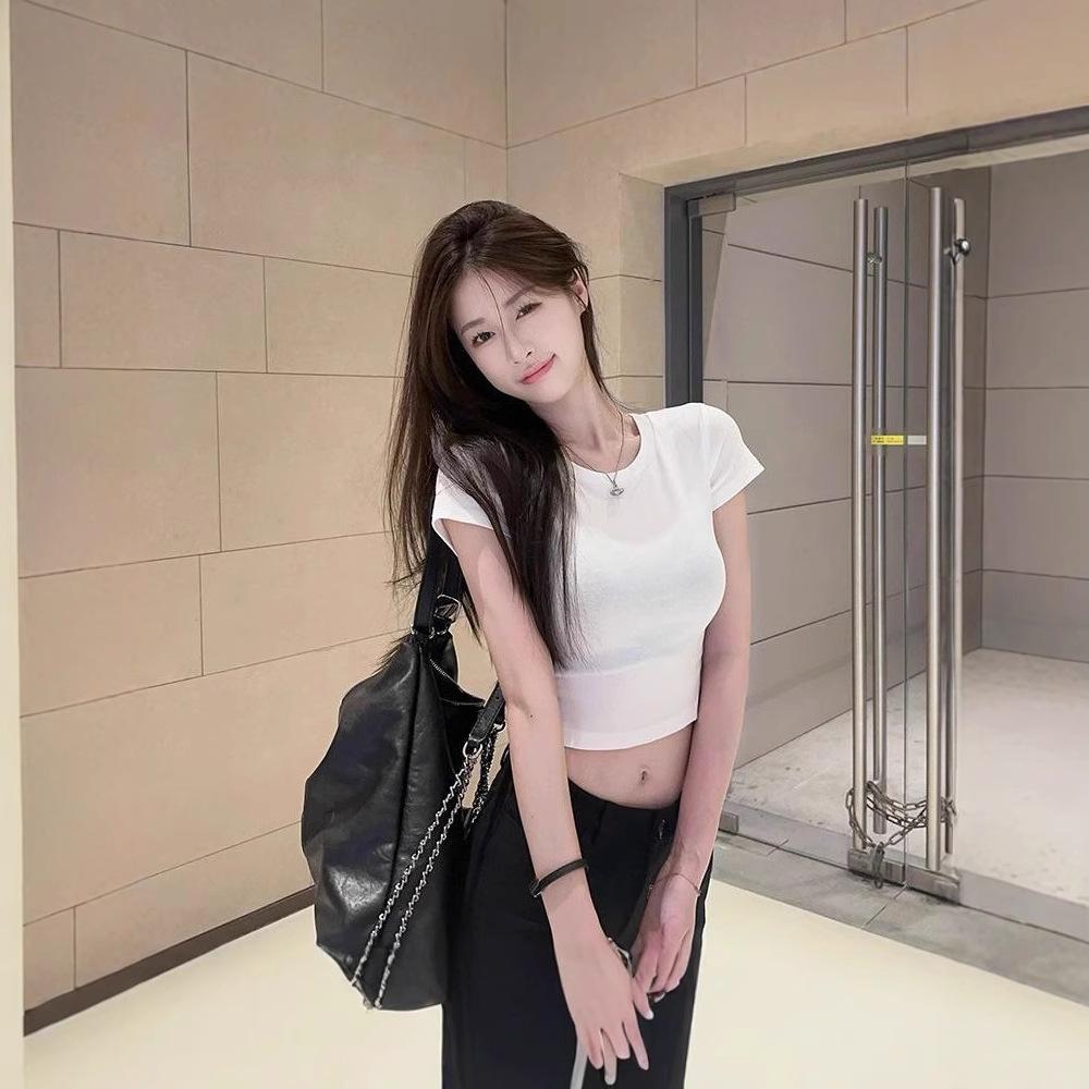 Острый укороченный топ с круглым вырезом и короткими рукавами American Girl - Облегающий крой, Шикарная высокая талия, Летний стиль