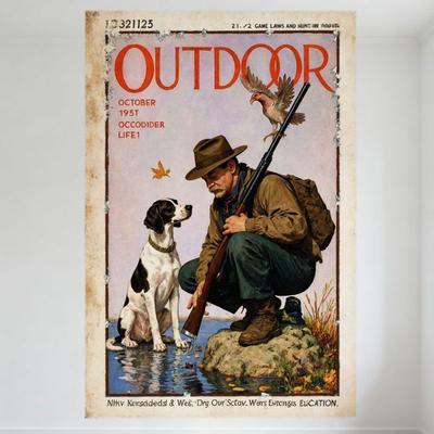 Винтажная обложка журнала 'Outdoor' за 1951 год 'ЖИЗНЬ ЗАХВАТЧИКА!'' Охотничья жестяная табличка - Мужчина с винтовкой, собакой и дичью, Металлический плакат для бара, паба