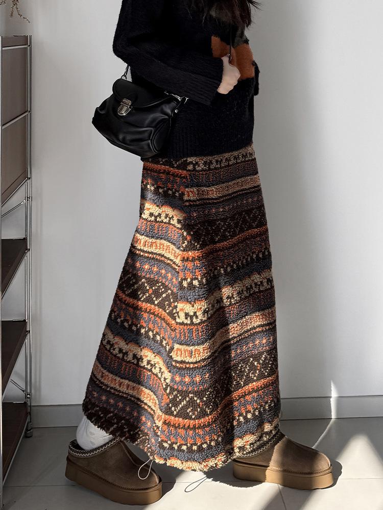 Женская флисовая юбка средней длины в стиле ретро Fair Isle - этнический стиль, кулиска по подолу, двустороннее ношение для осени/зимы