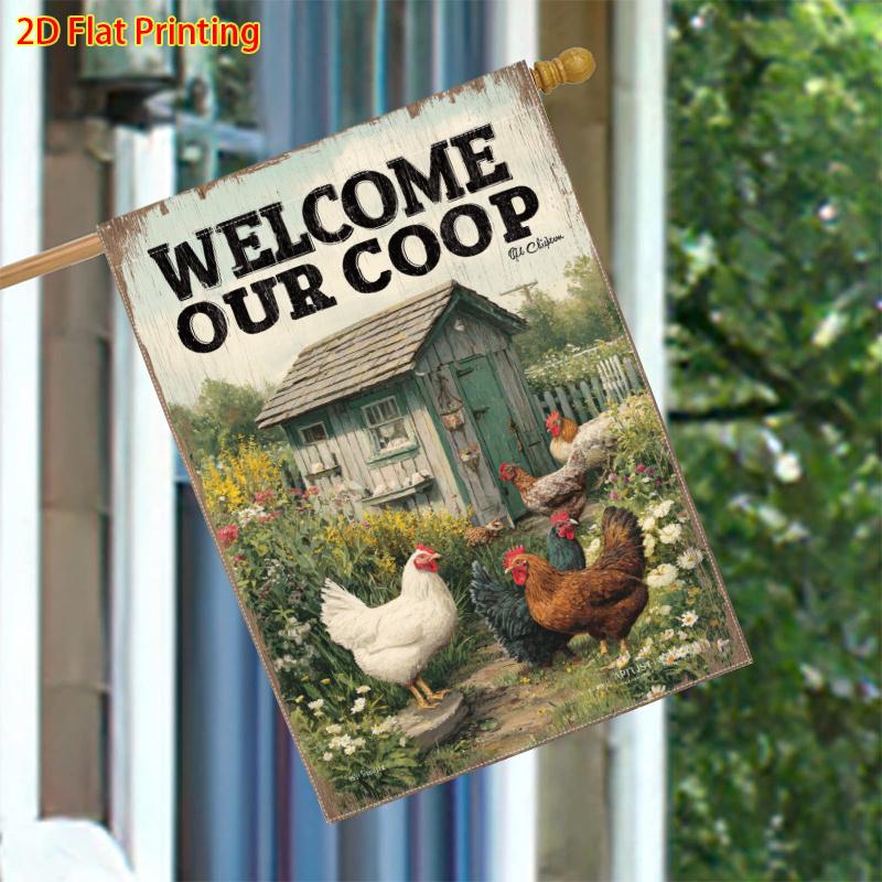 1pcs Welcome to the chicken coop, featuring rooster and flower patterns (1) - Flagdouble-sided garden flag courtyard decoration, outdoor decoration, l