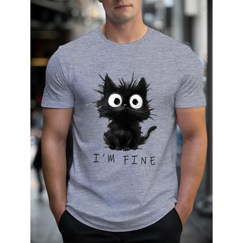 I'm Fine Black Cat Deisgn Men's T-shirt Casual Funny Cute Cat Pattern Graphic Print Men Tops Men Short Sleeve Male Tee Shirts