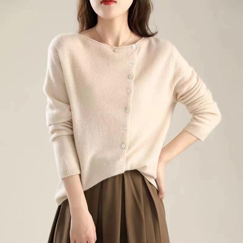 Autumn Winter Women's Sweater Elegant Button Design Knitted Cardigans for Women Casual Sweaters Low Round Neck Thin Knitted Outer