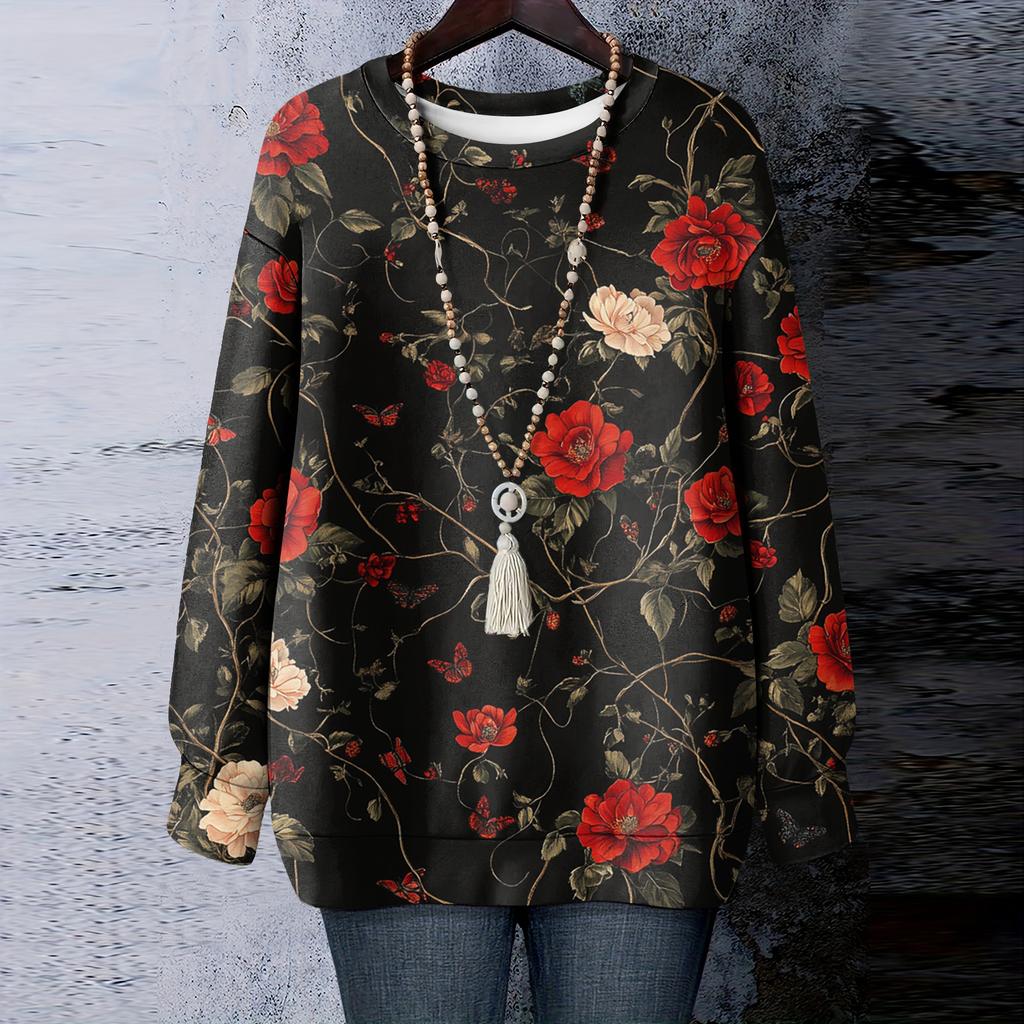 Женская футболка с цветочным принтом, круглым вырезом и длинными рукавами, свитшот
