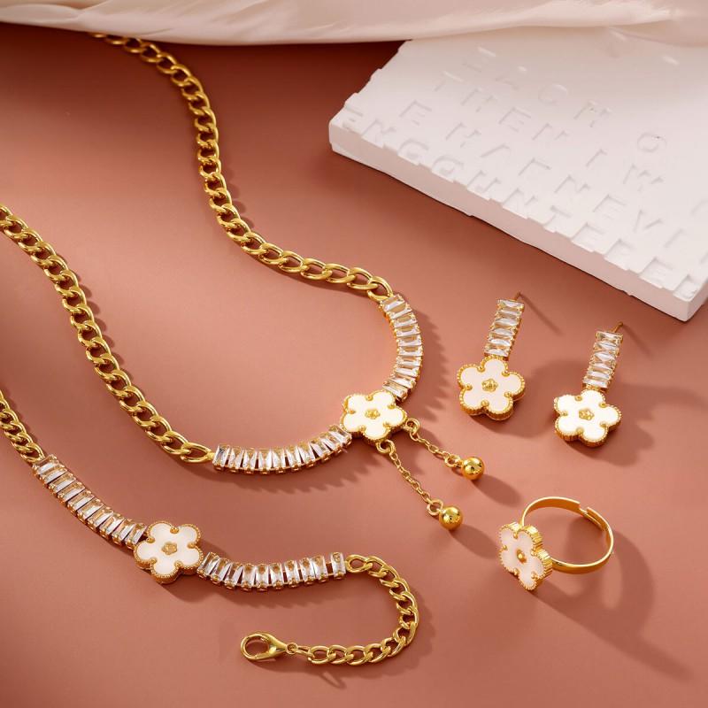Elegant Clover Jewelry Set Women Stainless Steel Cuban Chain Necklace Bracelet Earrings Ring 5-Piece Luxury Accessory