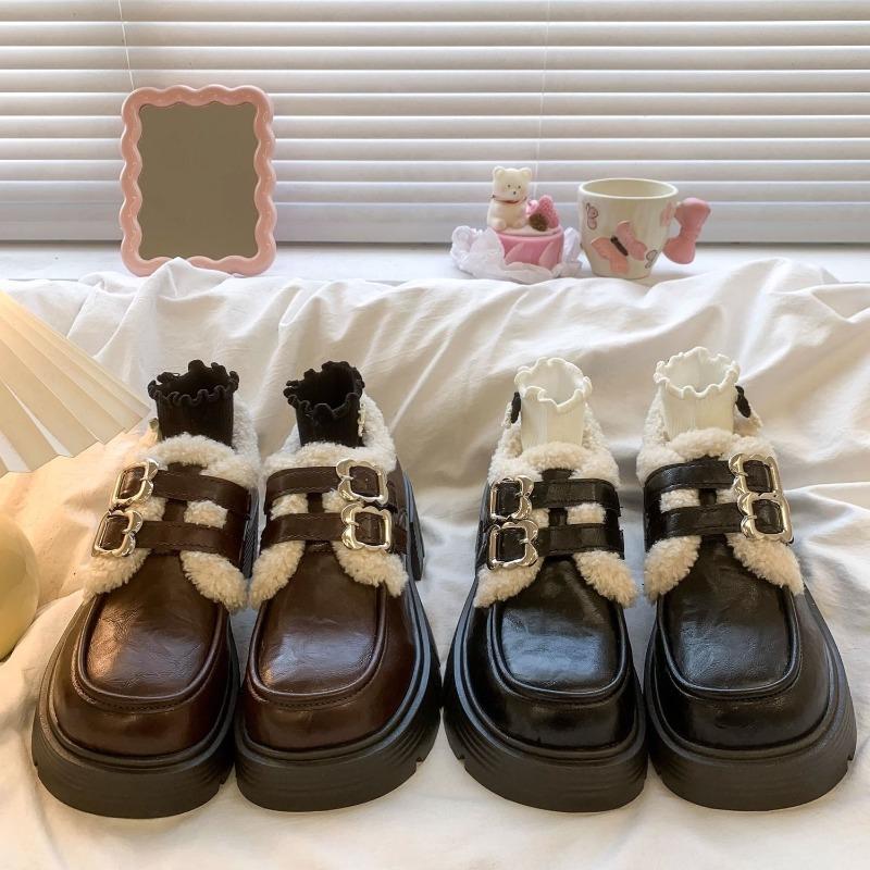Fashion Women Pumps Autumn Winter British Style Leather Shoes for Women New Student Japanese Vintage Plush Warm Cotton Shoes for Women