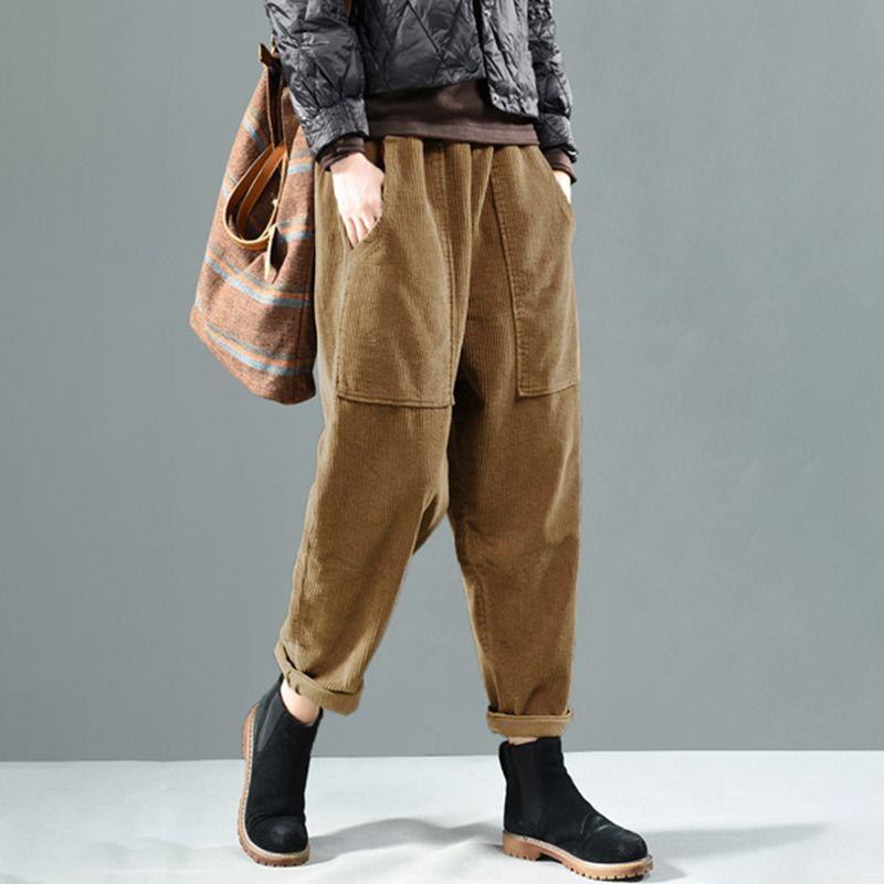 Женские вельветовые брюки с эластичной талией, однотонные длинные брюки, винтажные вельветовые шаровары, свободные брюки-репа, повседневные