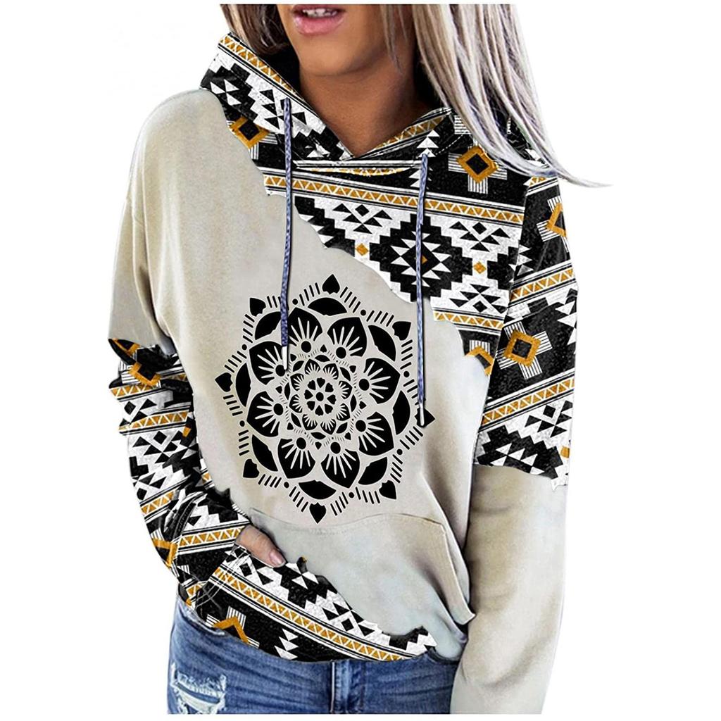 Women's Aztec Hoodie Geometric Pattern Long Sleeve Colour Block Pullover Drawstring Sweatshirt