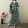 2025 Summer Plus Size New Dress Women Vintage Long Casual Loose Basic Printing V-Neck Dress Maxi