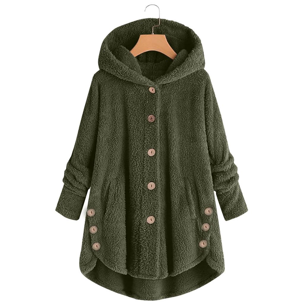 Women's Fashion Solid Color Pocket Button Hooded Loose Casual Plush Jacket