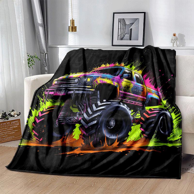 1pc Colorful Truck Printing Lightweight Flannel Blanket, Comfortable and Warm Blanket, for Camping Sofa Bed and Couch Office, Suitable for Gi