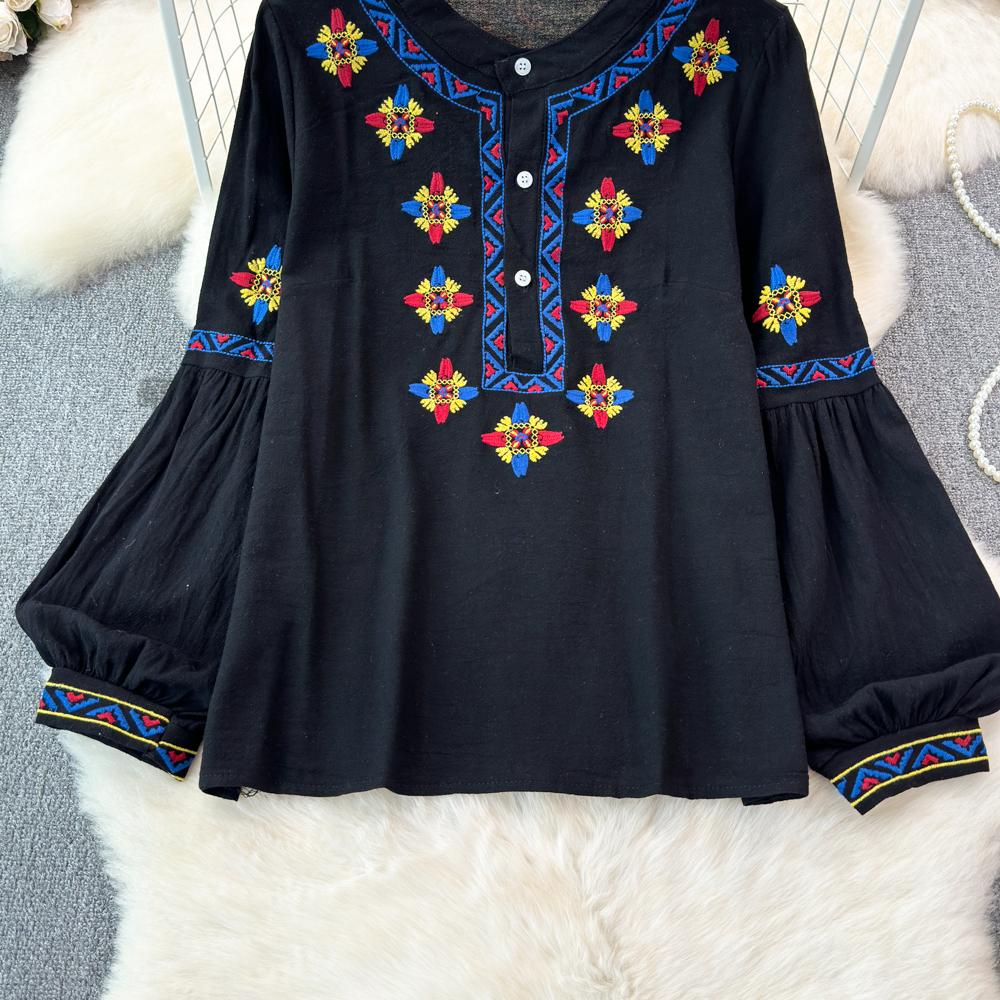 Женская блузка в этническом стиле с круглым вырезом и вышитыми рукавами-фонариками в стиле ретро, летние женские топы с цветными блоками