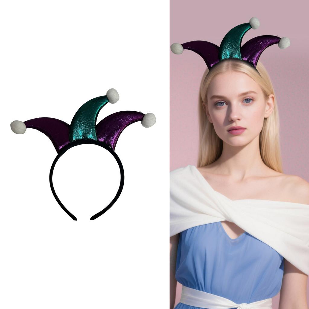 Регулируемый головной убор в стиле клоуна, фиолетовая блестящая ткань, отделка помпонами, аксессуар для волос для костюма на вечеринку