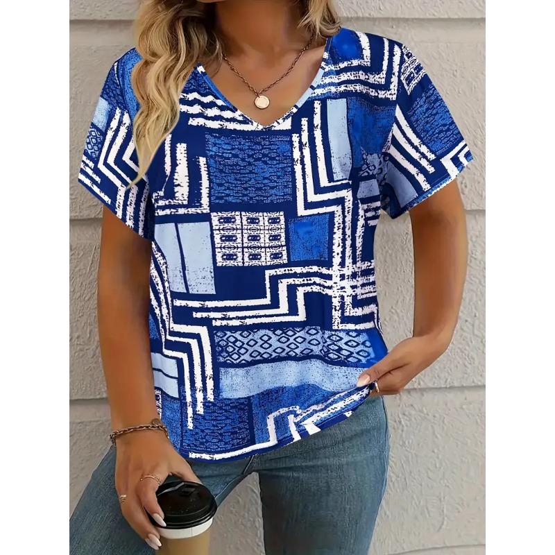 Summer Plaid Women's V-neck T-shirt Outdoor Casual Short Sleeve Tops Plaid Printed Trendy Peplum OverSize Women's Clothing