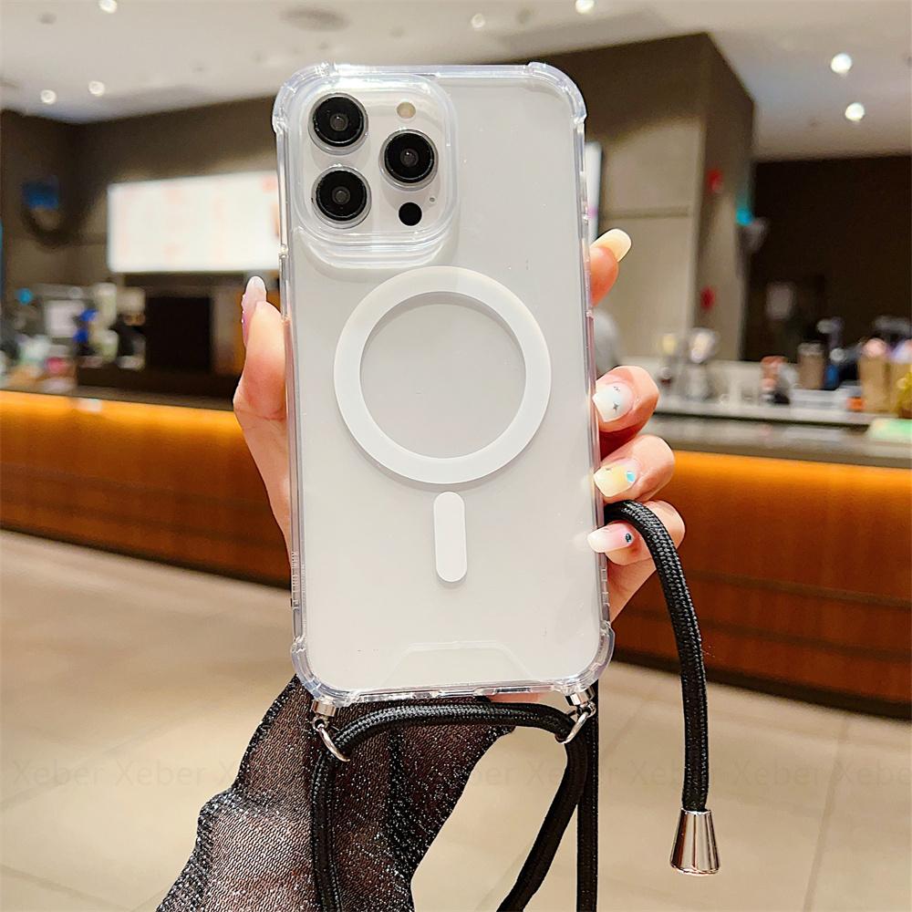 Ремешок через плечо для Magsafe, магнитный чехол с беспроводной зарядкой для iPhone 11 12 13 14 15 Pro Max X XR XS 7 8 Plus SE, прозрачный чехол