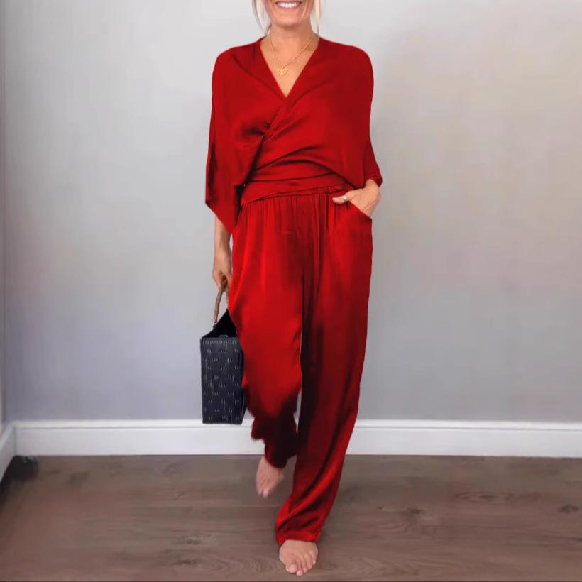 Европейский и американский однотонный атласный женский летний комплект с коротким рукавом (топ и брюки) (2025)