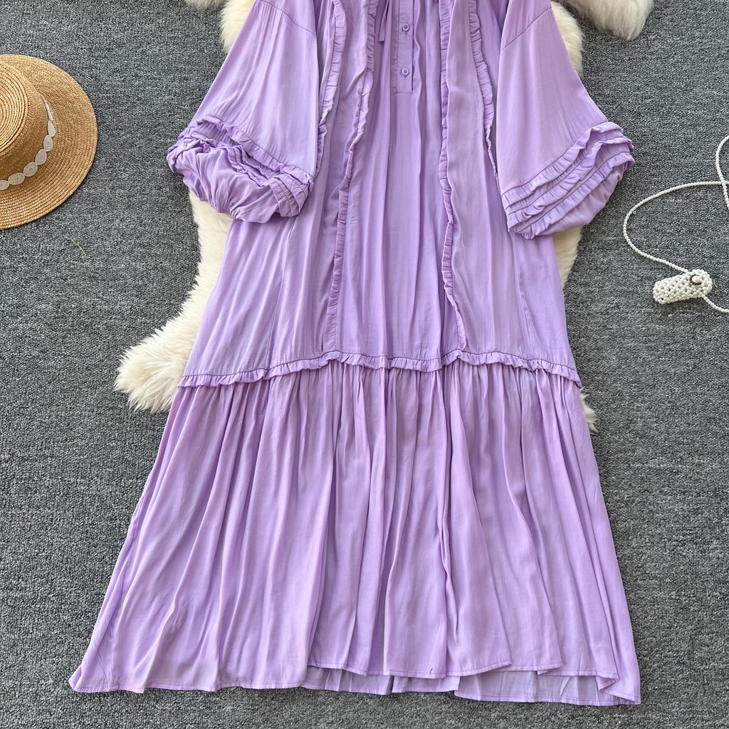 Винтажное однобортное платье с круглым вырезом на шнуровке, модное, с длинными рукавами, элегантное, свободное, с оборками, корейская женская одежда High Street