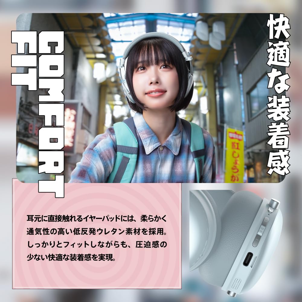 AVIOT WA-Q1 Noise-Canceling Wireless Headphones 55 Hours of Continuous Playback, Fast Charging, Drivers, Lightweight Design, Compact Folding,