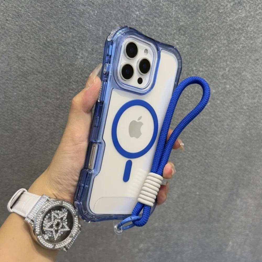 Модный прозрачный чехол конфетного цвета для IPhone 17 Air 16E 15 14 Plus 13 12 11 Pro Max Магнитный Ударопрочный Ремешок-шнурок Чехол