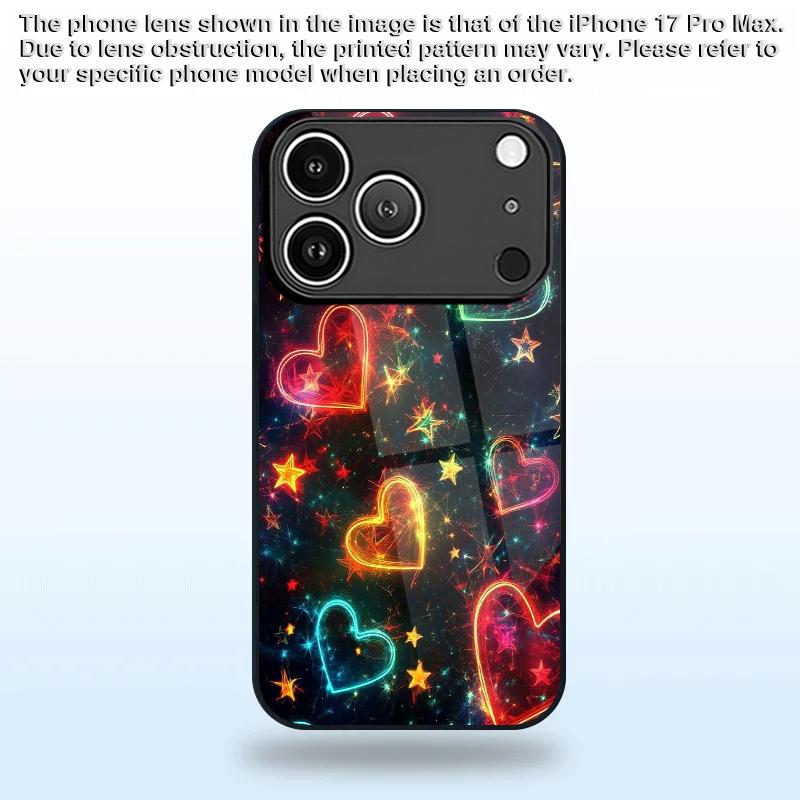 Чехол для iPhone 2D с неоновым рисунком в виде сердца, совместимый с iPhone 17 16 15 14 13 12 11 X XR XS Max Pro 8 Plus, Защитная стеклянная крышка