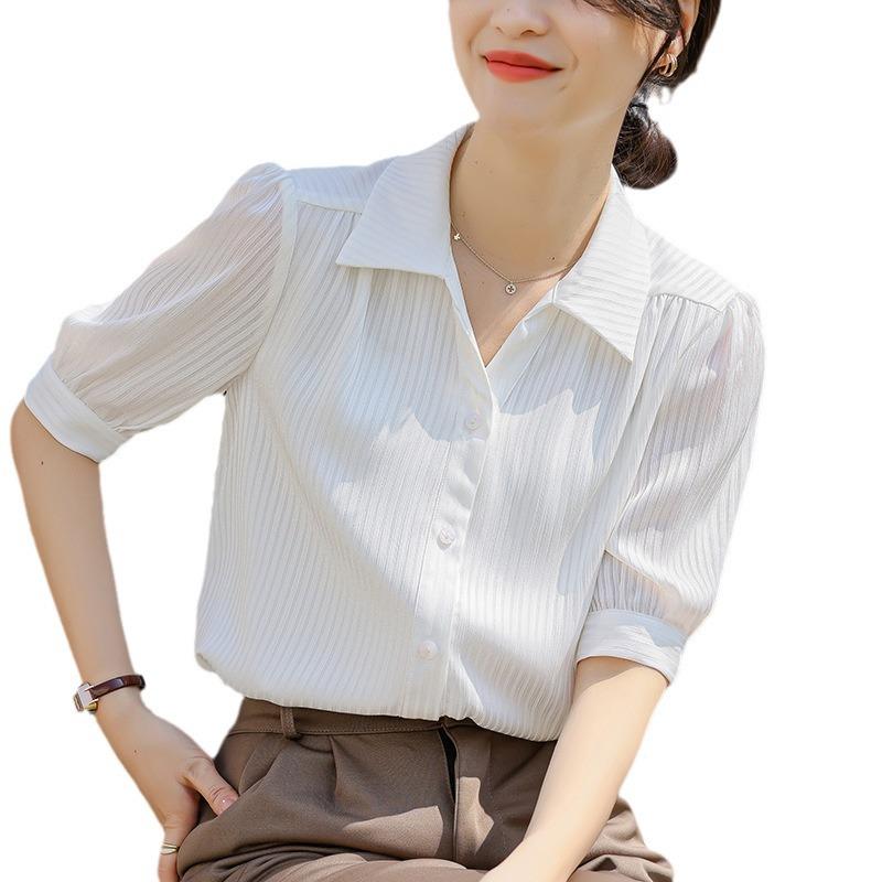 Шифоновая рубашка с положительным плечом и короткими рукавами, женская летняя блузка с v-образным вырезом, топы-рубашки