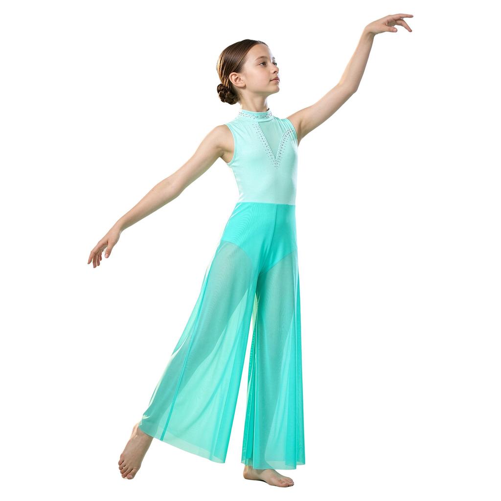 Kids Girls Rhinestone Patchwork Mesh Dance Jumpsuit Sleeveless Mock Neck Cutout Back Built-in Briefs for Lyrical Stage Competition