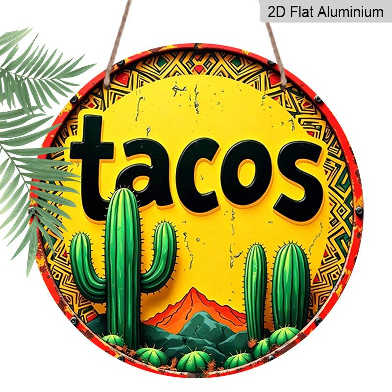 2D Flat, 1pc Round Tacos Cactus Aluminum Hanging Sign, Vintage Mexican Fiesta Desert Mountain Design, Retro Colorful Metal Wall Decor, Perfect for