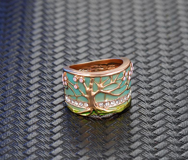 Новейшие кольца для пальцев в виде цветущего дерева, модное широкое кольцо из золота, с розовым опалом и зеленой эмалью, для женщин, для вечеринок, с кристаллами, винтажная бижутерия