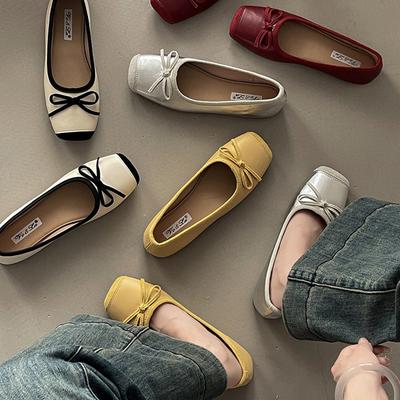 Туфли-лодочки с бантом, туфли Doudou, метод нежный, 2025 новый летний неглубокий вырез, модный квадратный носок, повседневные универсальные одинарные туфли для женщин
