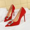 Fashion European American Fashion High Heels Thin Heels Satin Shallow Mouth Square Buckle Shining Rhinestone Pointed Single Shoes New