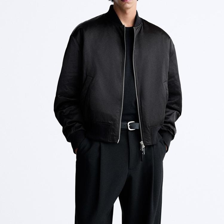 Zara Однотонная мужская куртка с воротником-стойкой и застежкой-молнией, длинным рукавом, черная 05070304800-33