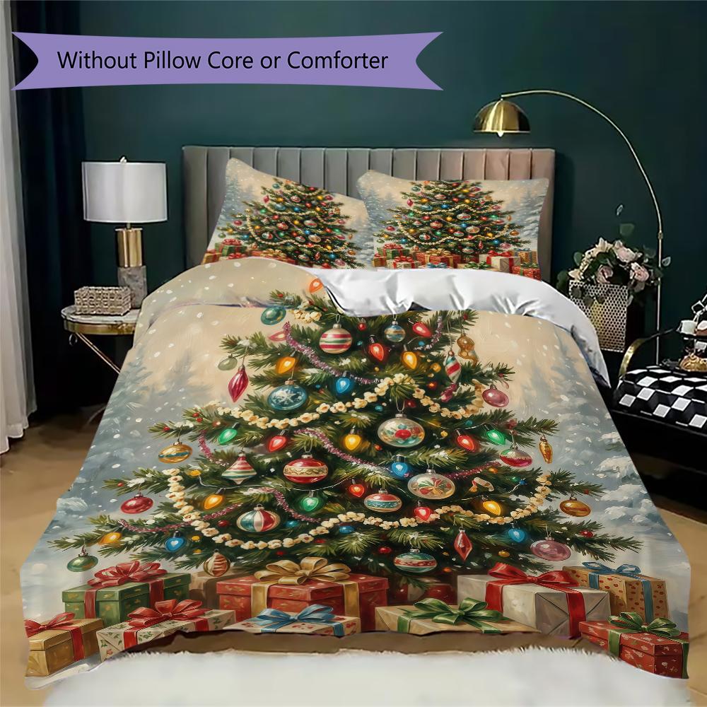 Golden Christmas Tree Pattern Bedding uilt Set uilt Cover Pillowcase Home Decoration Birthday Gift (1 * duvet cover + 2 * pillowcase without core)_XIA