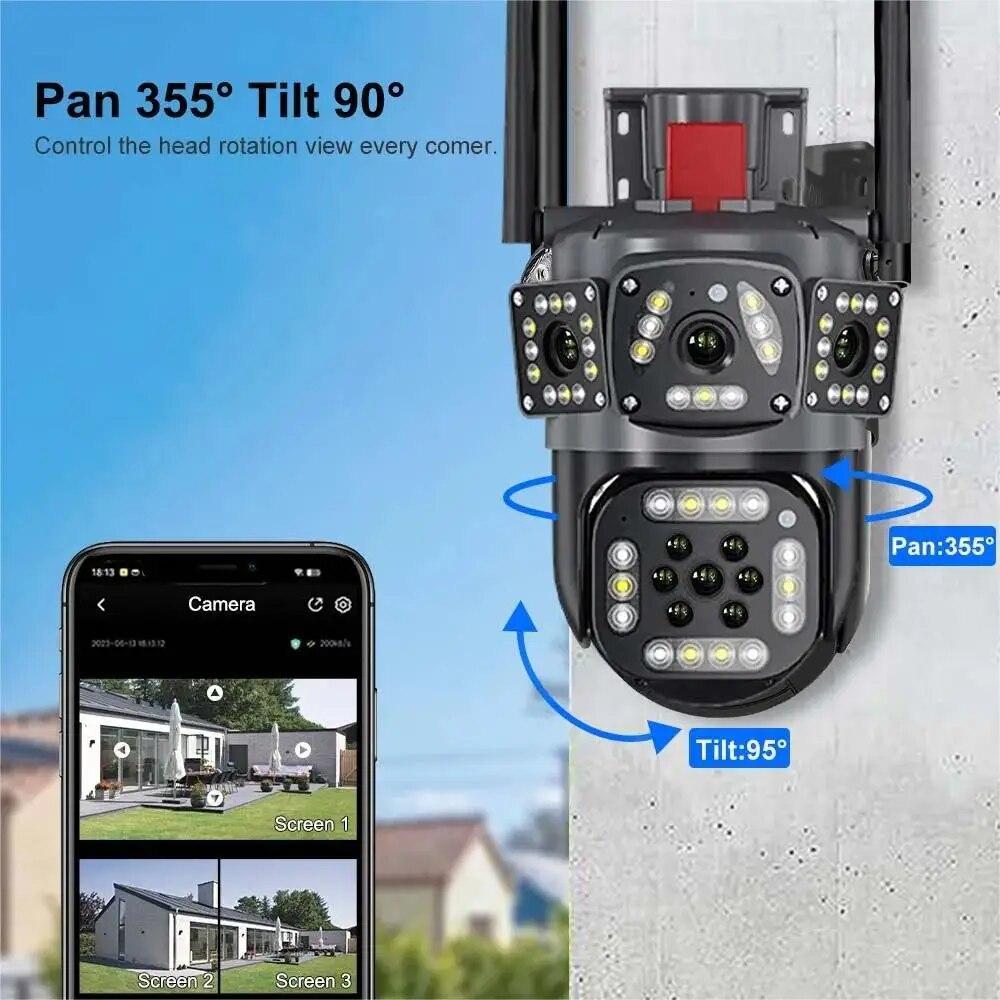 EU Plug 12MP PTZ WiFi 6K Dual Lens Camera Wireless Three Screens Protection Motion Detection Outdoor IP CCTV Survalance Home Protection