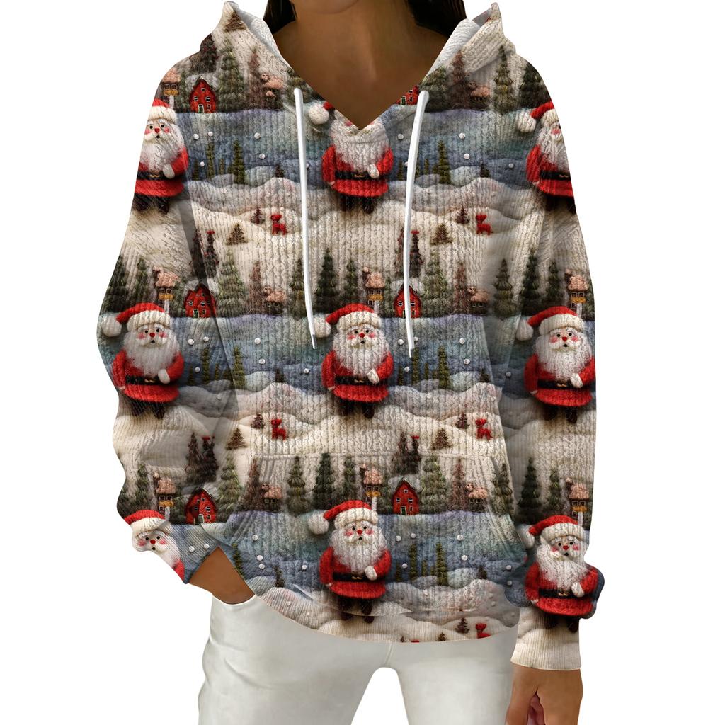 Women's Fashion Casual Christmas Print Pullover Long-Sleeve Hooded Sweatshirt