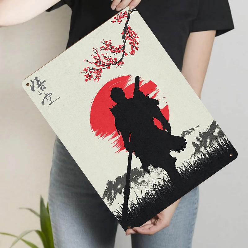 Chinese Style Sun Wukong Silhouette Metal Iron Painting Creative Home Decor Wall Art Red Sun Plum Blossom Landscape Pattern