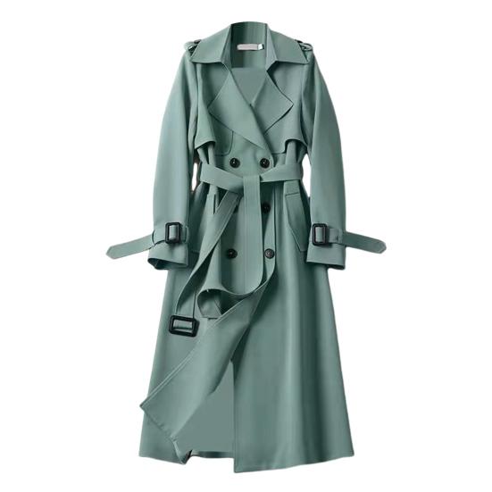 Осень-зима Женский Тренчкот Отложной Воротник Однотонный Двубортный с Поясом Средней Длины Свободный Термобелье С Длинными Рукавами Для Езды На Работу И Свидания