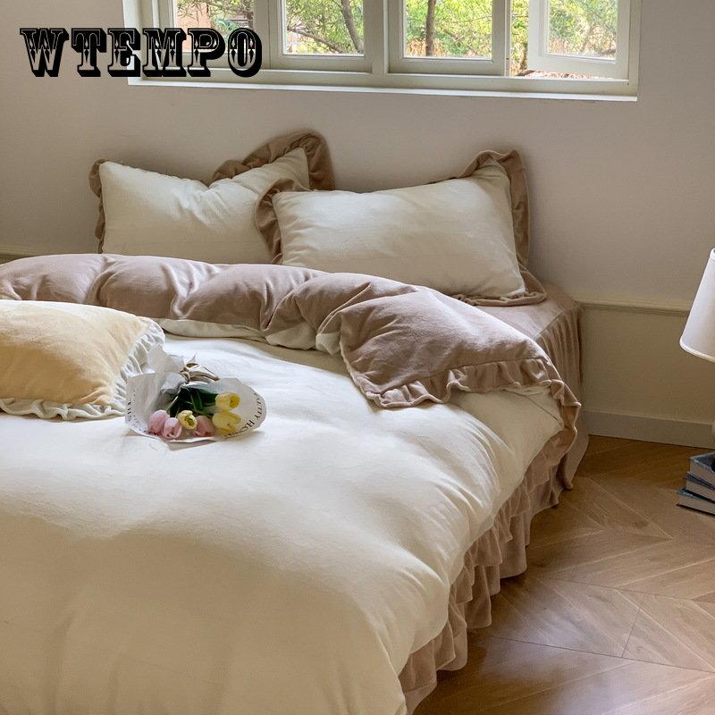 Ins Solid Milk Velvet Four Piece Lace Coral Velvet Quilt Cover Thickened Warm Bed Sheet Flannel Bedding