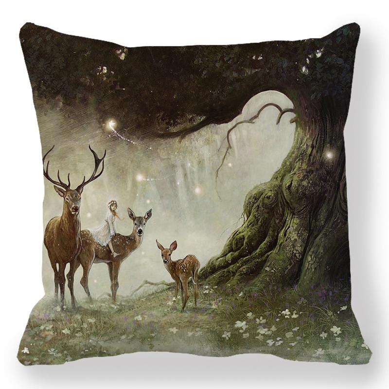 Creative Oil Painting Deer Horn Series Digital Printing Short Plush Pillow Covers For Car Sofa Office Cushion Cover Home Goods
