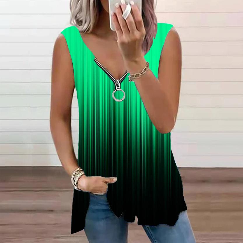 Женский топ, летний новый модный синий топ в вертикальную полоску с принтом, повседневный топ без рукавов на молнии с v-образным вырезом, майка на бретелях