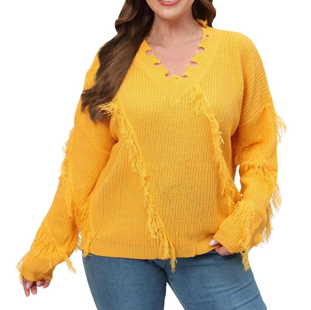 Женский большой размер осень и зима новый V-образный вырез кисточки сращивание пуловер вязаный джемпер