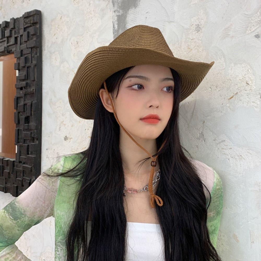 Wide Brim Straw Visor Hat Foldable Sun Protection Cap American Western Cowboy Hat Women Men