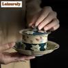125ML Hand Painted Butterfly Lily Caramel Glaze Gaiwan Luxury Tea Tureen Tea Bowl With Lid Kit Tea Maker Cover Bowl Teaset Craft