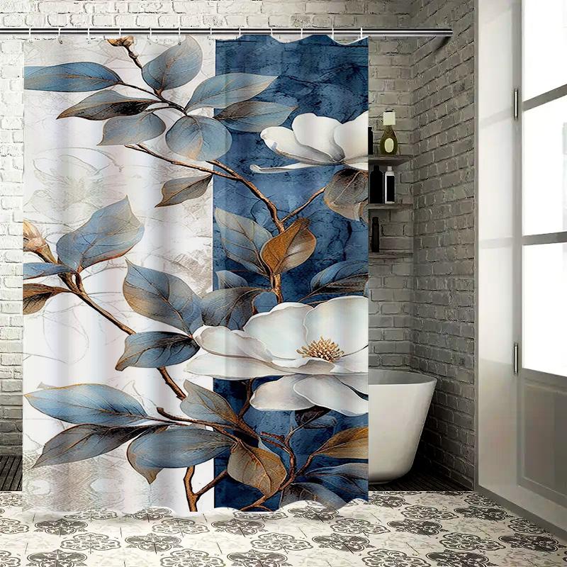 Elegant White Flowers and Blue Leaves Waterproof Shower Curtain Heat Resistant Machine Washable Non-Transparent 180x180cm