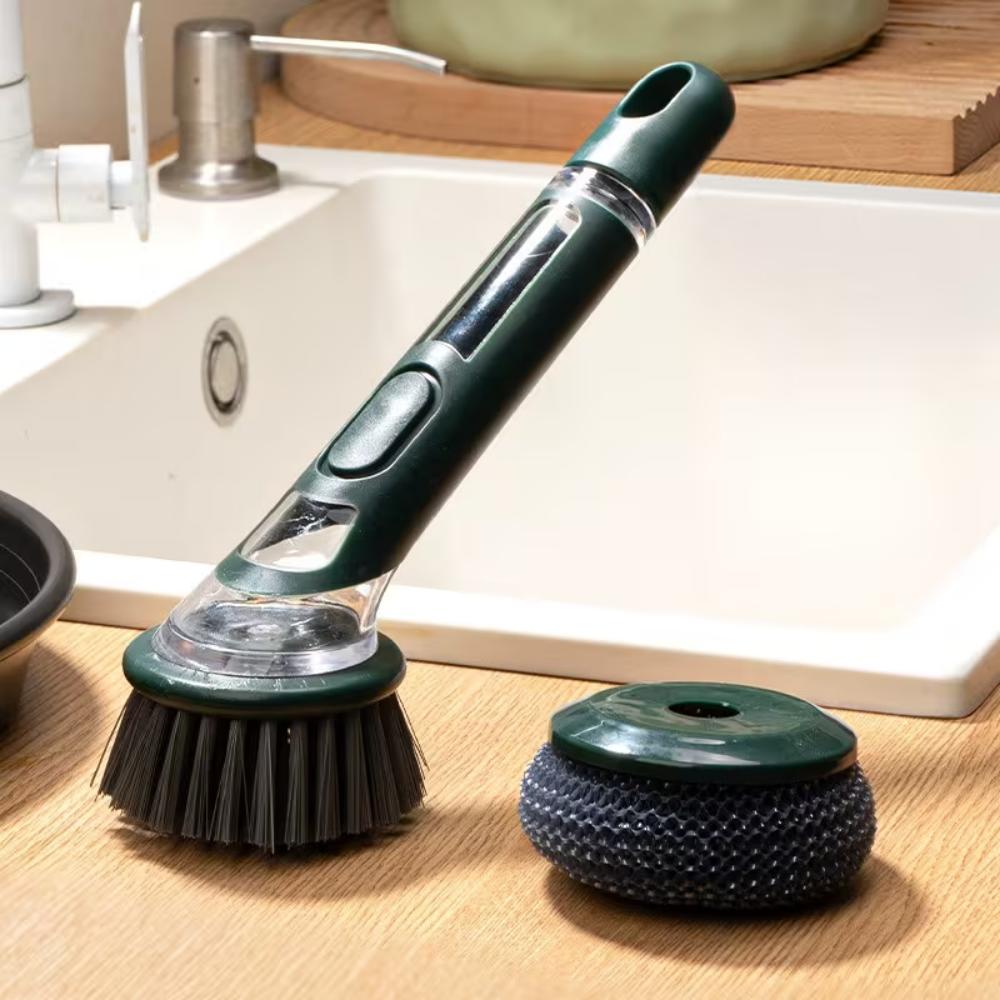 2 In 1 Press Type Automatic Liquid Outlet Cleaning Brush With Replaceable Head For Kitchen Cleaning Pots Pans Soap Dispenser