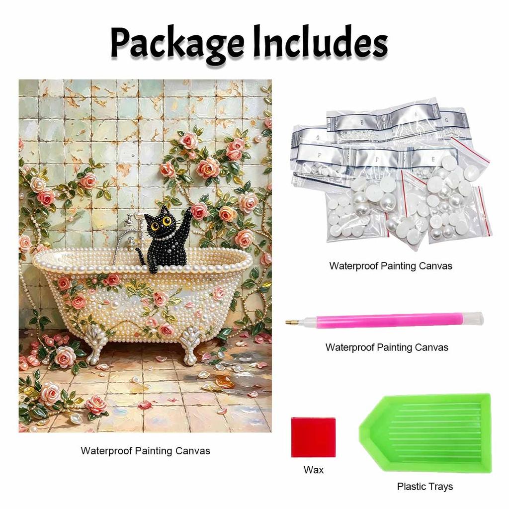 Pearl Painting Kit 5D/DIY Pearl Mosaic Inlaid Black Cat Bathing in Flower Tub Home Wall Decoration Art